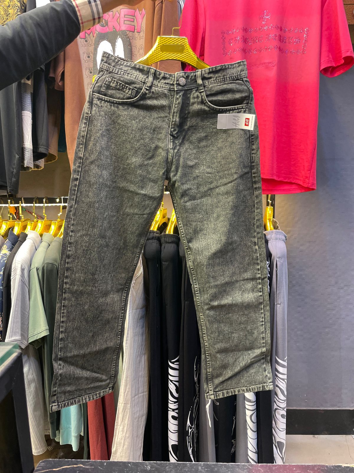 Men’s Black Grey Acid Wash Straight Fit Denim Jeans